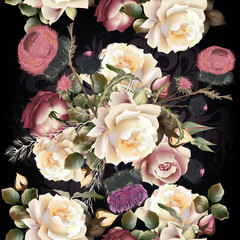 Obrazy na Szkle  Botaniczny kwiatowy wzór z kwiatami róży do projektowania. Idealny do tkanin