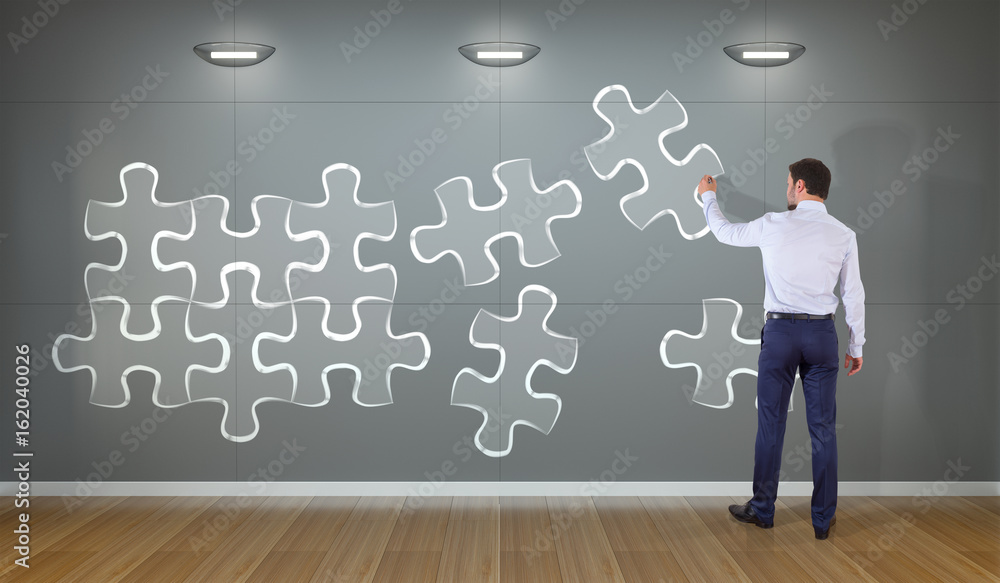 Poster Businessman searching puzzle solution on a wall 3D rendering
