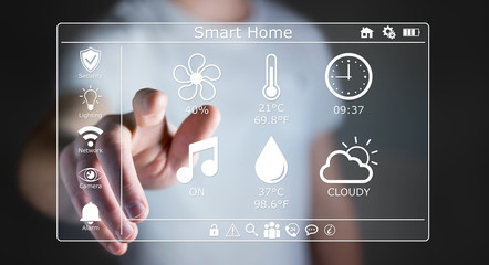 Businessman using smart home digital interface 3D rendering