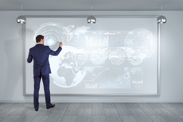 Businessman using graph screens interface on a board 3D rendering