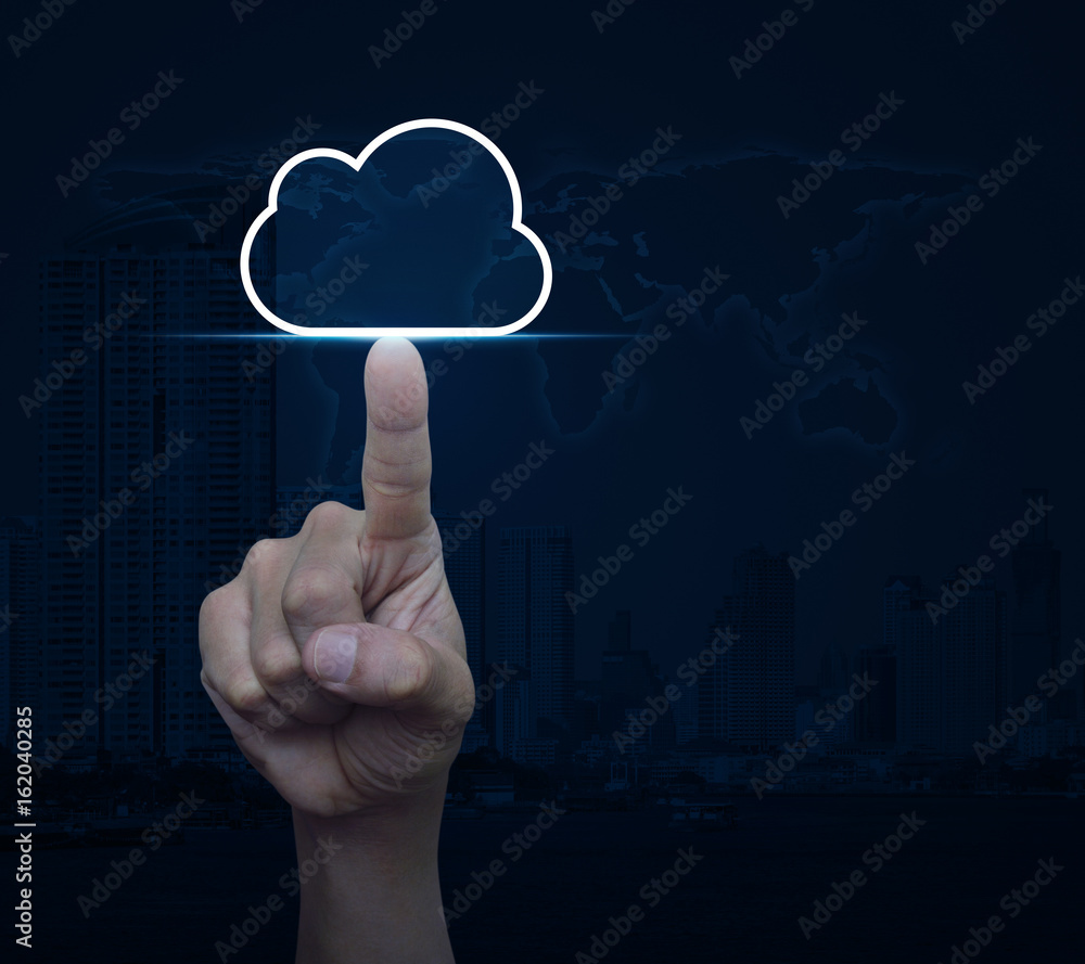 Aufkleber hand click on cloud icon with copy space over world map and modern city tower, cloud computing conce