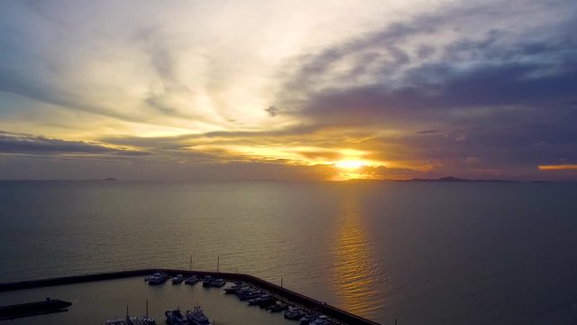 Aerial shot and yatch club with the sea sunset sky view