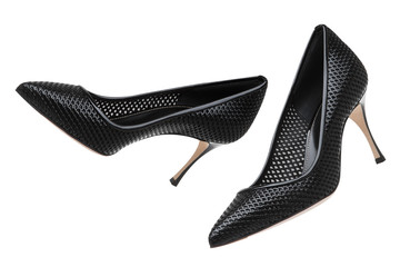 Black patent leather shoes on a white background