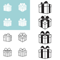 Present box icon in various styles, outline and silhouette suitable for use during Christmas or new year