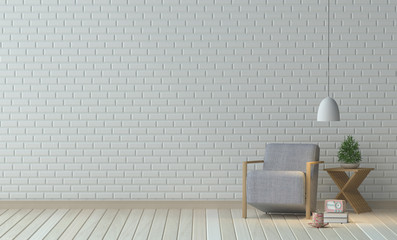 Gray armchair in living room interior design 3D illustration and white wall simple furniture set in empty living room.