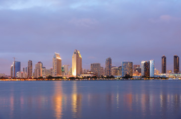 Naklejka premium Panorama view of San Diego Skyline After Sunset. Photo Showing Downtown viewing from Centennial Park. San Diego is on the coast of the Pacific Ocean in Southern California, USA.