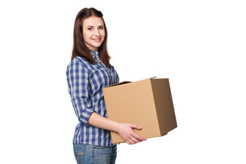 Delivery, relocation and unpacking. Smiling young woman holding cardboard box isolated on white background