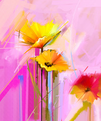 Abstract oil painting of spring flower. Still life of yellow, pink and red gerbera. Colorful bouquet flowers with light yellow, pink and red background. Hand Painted floral Impressionist style 