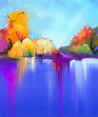 Abstract oil painting  landscape background. Colorful blue and purple sky. Oil painting outdoor landscapes on canvas. Semi- abstract tree and lake. Summer season, Sunlight landscape nature background