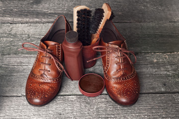 Pair of shoes with polish accessories