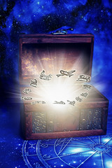 zodiac signs with rays of light in magic box like astrology concept over blue background 