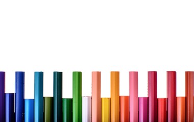 Many colored pencils isolated on white background, place for text