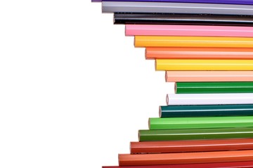 Many colored pencils isolated on white background, place for text