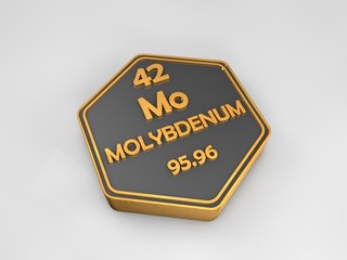Molybdenum - Mo - chemical element periodic table hexagonal shape 3d render