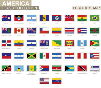 Postage stamp with America flags. Set of 42 American flag.
