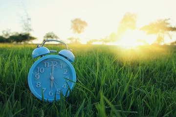 Retro alarm clock over green grass outdoors in the park