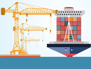 containers ship, high-altitude crane with a container, sea port