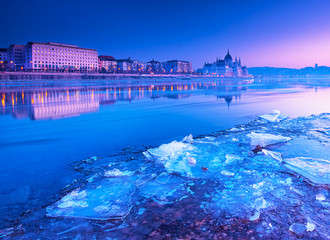 Sunset over the Hungarian Parliament in Budapest, Hungary