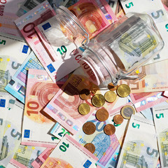 many dollar and euro banknote as background.