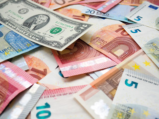 the piles of euros and dollars, concept of Finance, profit, loss, currency, banknotes, trading, financial markets