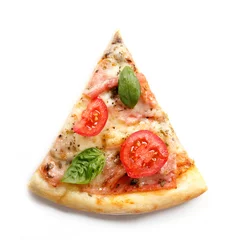 Papier Peint photo Pizzeria Pizza. Fresh Italian margherita with salami, basil and tomato isolated on white background. Top view
