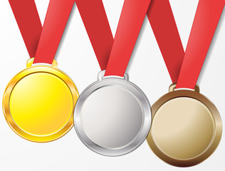 Medals gold silver bronze copper on a red ribbon isolated on background