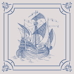 Old caravel. Ship on the Blue Dutch tile. Imitation. Frigate, vintage sailboat, Sailing vessel , glazed porcelain ceramic.