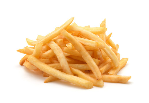 a pile of appetizing french fries on a white background