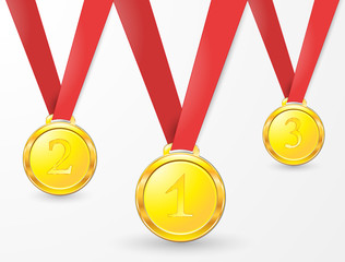 Medals gold silver bronze copper on a red ribbon isolated on background