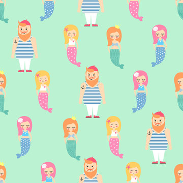 Mermaids girls with sailor seamless pattern on mint green background. Vector sea background for kids. Child drawing style cartoon underwater illustration. Cute design for fabric, textile, decor
