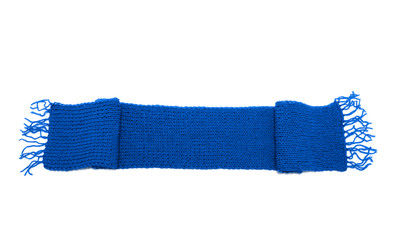 Blue knitted scarf on a white background.