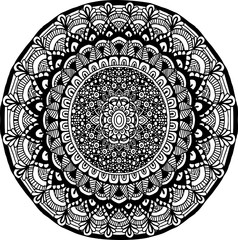 Abstract mandala ornament for adult coloring books. Asian pattern. Black and white authentic background.