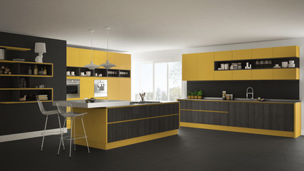 Modern white kitchen with wooden and yellow details, minimalistic interior design