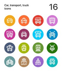 Colorful Car, transport, vehicle, truck, train vector flat line icons for web and mobile applications