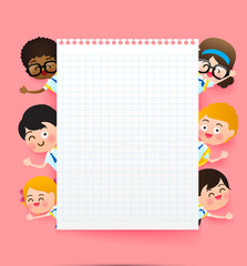 Back to school and education concept, Happy cartoon group of kids in student uniform behind blank paper with copy space over pink background vector illustration eps10