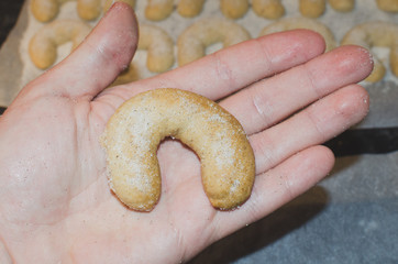 hand holding traditional czech christmas biscuit, vanilla crescent covered in vanilla seeds and sugar - 162051615