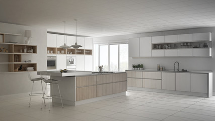 Unfinished project of modern scandinavian kitchen, sketch abstract interior design