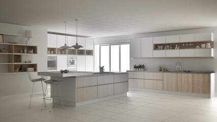 Unfinished project of modern scandinavian kitchen, sketch abstract interior design