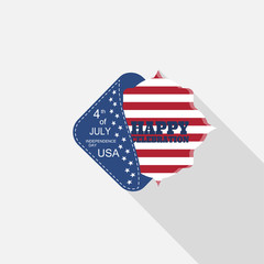 Vector flat label for Happy celebration of Independence Day with blue pocket, insert square with american flag and long shadow on the light gray background.