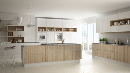 Fototapeta na wymiar Modern white kitchen with wooden and white details, minimalistic interior design