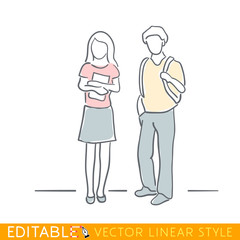 Students stand the guy and girl. Editable line sketch. Stock vector illustration.