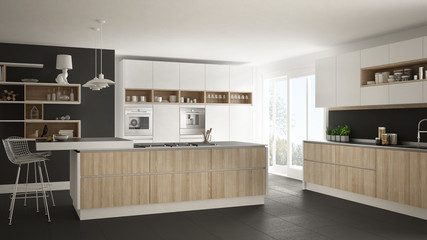 Modern white kitchen with wooden and white details, minimalistic interior design