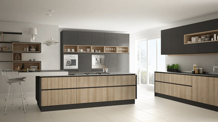Modern white kitchen with wooden and gray details, minimalistic interior design