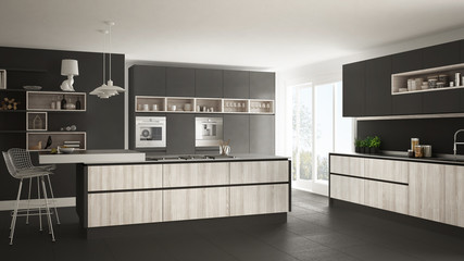 Modern white kitchen with wooden and gray details, minimalistic interior design