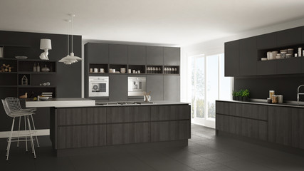 Modern white kitchen with wooden and gray details, minimalistic interior design