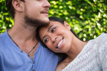 Fototapeta premium Happy Woman Leaning Head on Boyfriend Shoulder