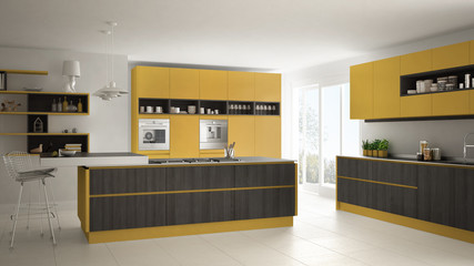 Modern white kitchen with wooden and yellow details, minimalistic interior design