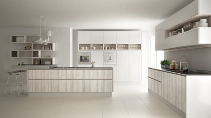 Modern white kitchen with wooden and white details, minimalistic interior design