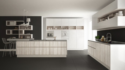 Fototapeta na wymiar Modern white kitchen with wooden and white details, minimalistic interior design