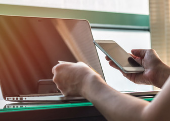 Digital marketing in people lifestyle with consumer transferring money or using credit card paying purchase for online shopping